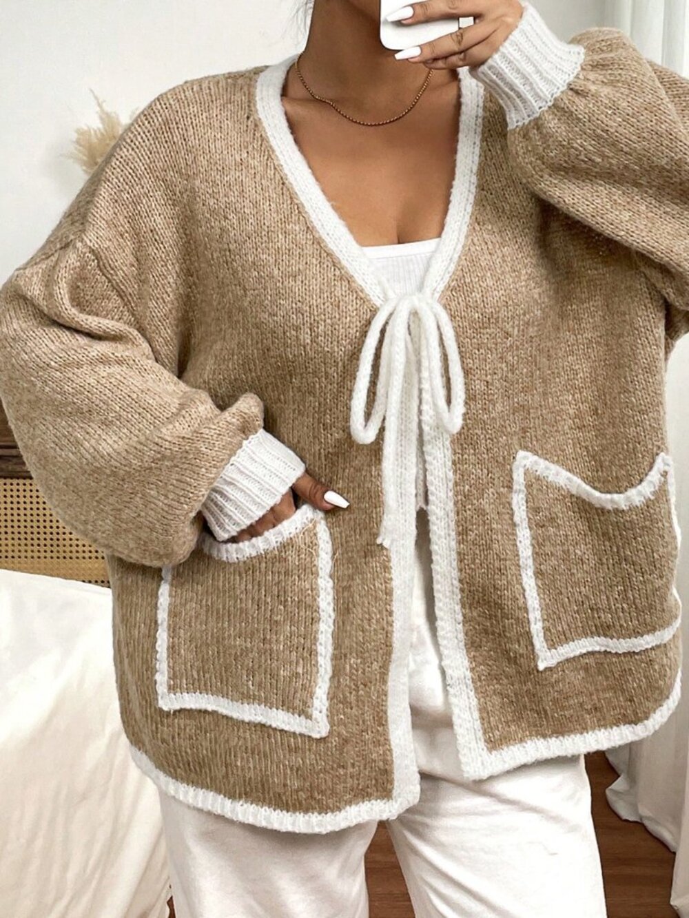 Khaki Casual Women's Oversized Contrast Binding Pocket V Neck Knit Cardigan